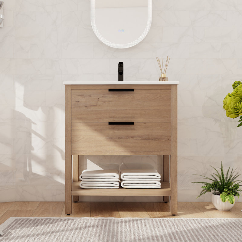 Meuble-lavabo simple autoportant de 30 po avec comptoir en céramique, meuble-lavabo autoportant avec 2 tiroirs à fermeture en douceur et 1 tablette ouverte