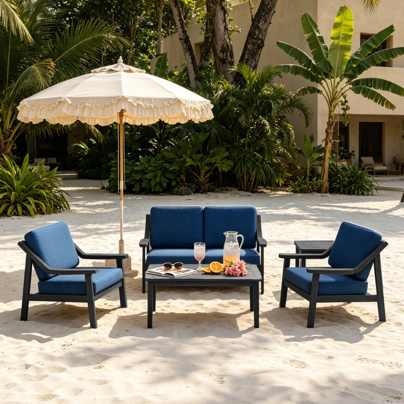 Ensemble de conversation d'extérieur 5 pièces Marlo, parfait pour recevoir avec les tables incluses, Marine, Noir