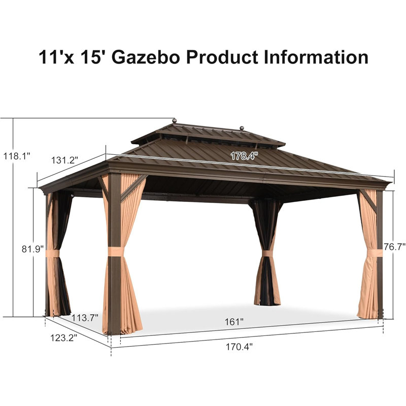 Purple Leaf  Outdoor Hardtop Gazebo Patio Wide Aluminum Frame Metal Double Roof With Heavy Duty Netting And Curtains For Permanent Hard Top Pavilion Screen, Khaki