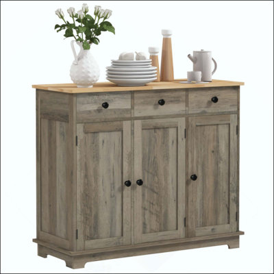 Buffet avec comptoir en bois massif, armoire de rangement de cuisine moderne, armoire à café avec 3 tiroirs, portes et tablette réglable