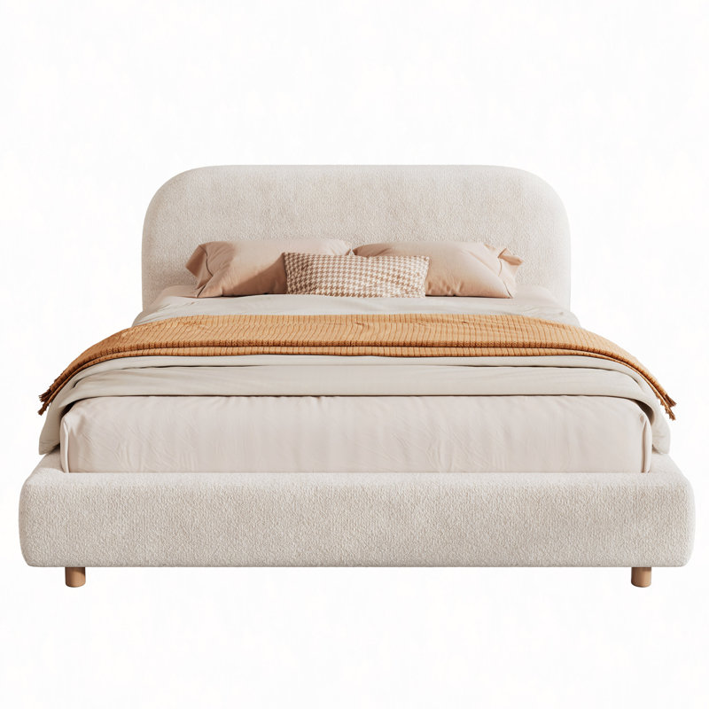 Lit plateforme avec tissu Boucle, lit plateforme tapissier Boucle Fabric avec tête de lit courbée, blanc, assemblage facile