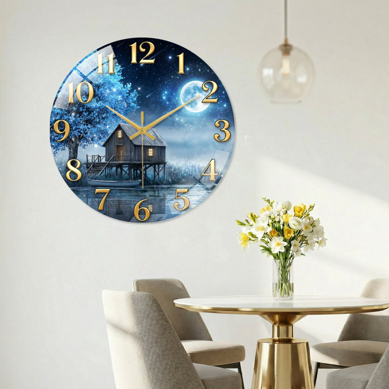 «Night Lake», horloge murale en verre, 40 x 40 cm (15,7 x 15,7 pouces)