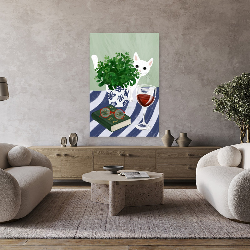 Cozy Cat, lecture, coin, chat, plante, art mural, H 48 po x l 32 po