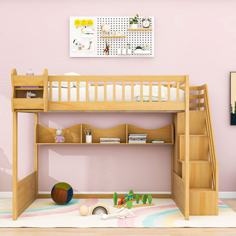Loft Wooden Bed with Staircase and Shelves, Natural