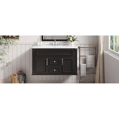 36 Inch Wall Mounted Bathroom Cabinet With Ceramic Sink And Drawers, French Simple Style Vanity With Soft Closing Hinges