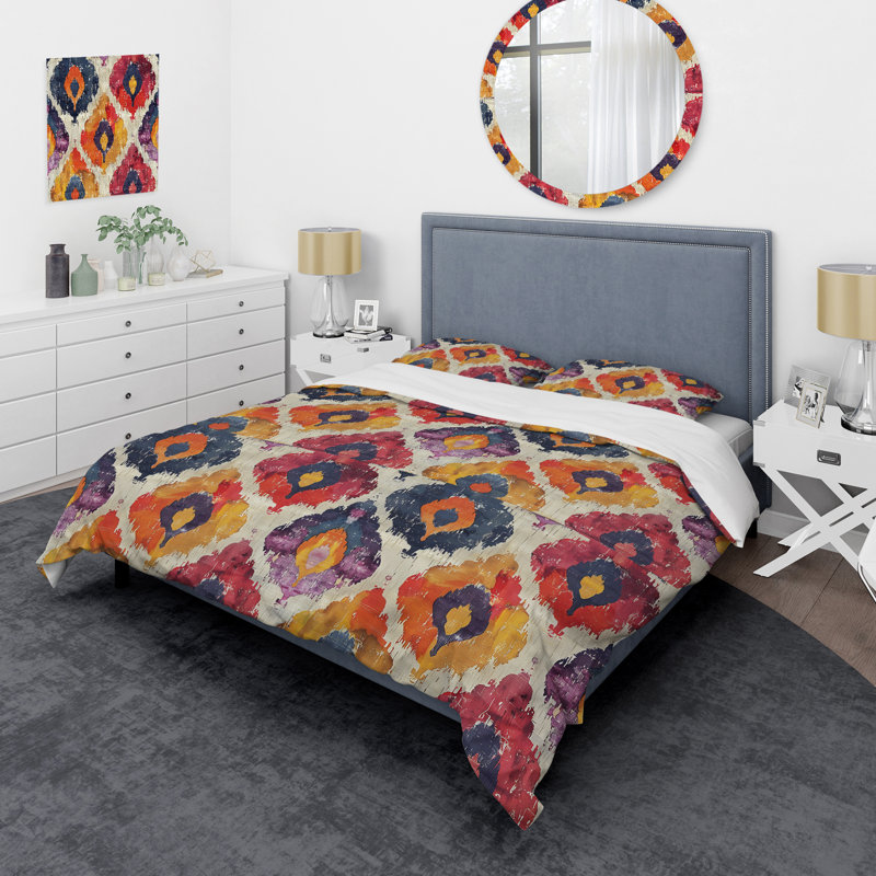 Ensemble de housse de couette géométrique rétro rouge et noir, Housse de couette très grand + 2 taies décorativ