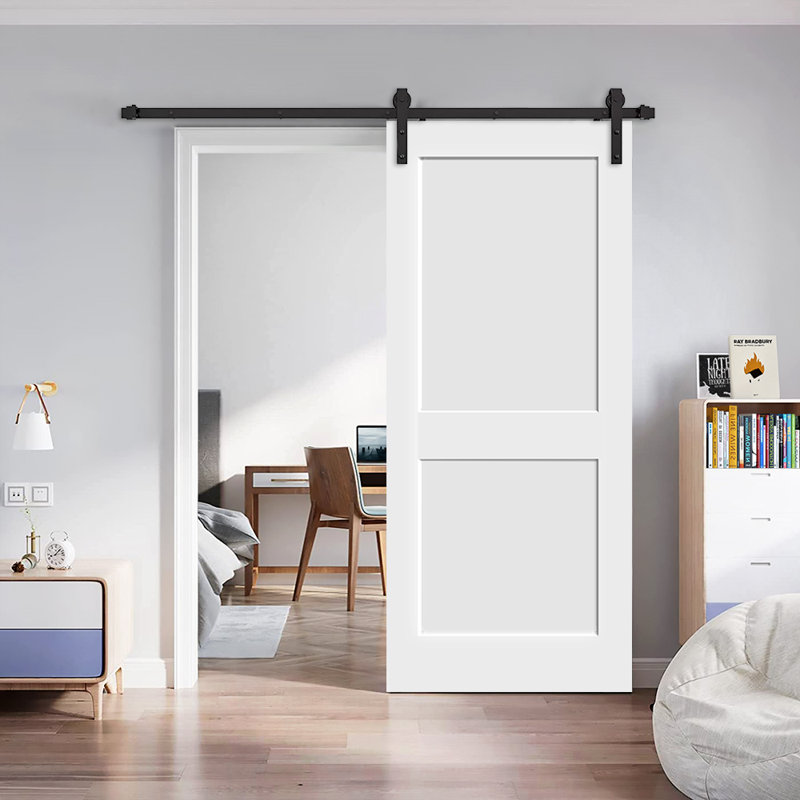 Porte de grange coulissante moderne en composite peint à 2 panneaux avec ensemble de quincaillerie, Blanc, 36 po x 84 po