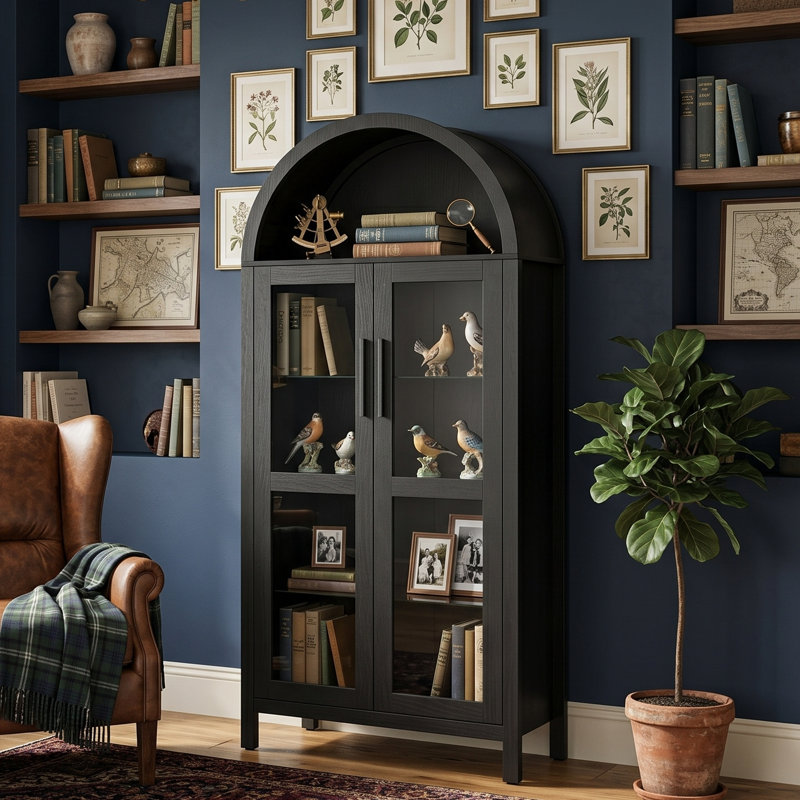 67" Arched Display Cabinet With Integrated LED Lighting, Modern Retro Curio With Adjustable Glass Shelving (Available In Brown & Black)