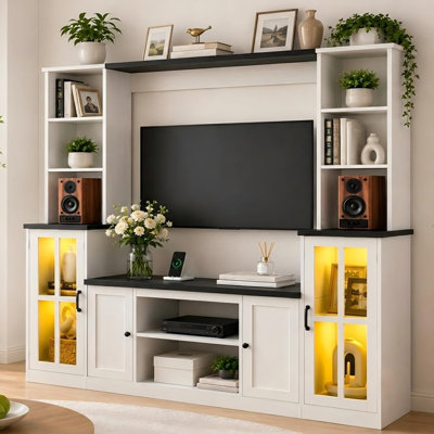 Meuble audio-vidéo de 74 po pour téléviseur de 50 po ou moins, meuble télé de style campagne avec éclairage DEL et prises de courant, grande console multimédia 