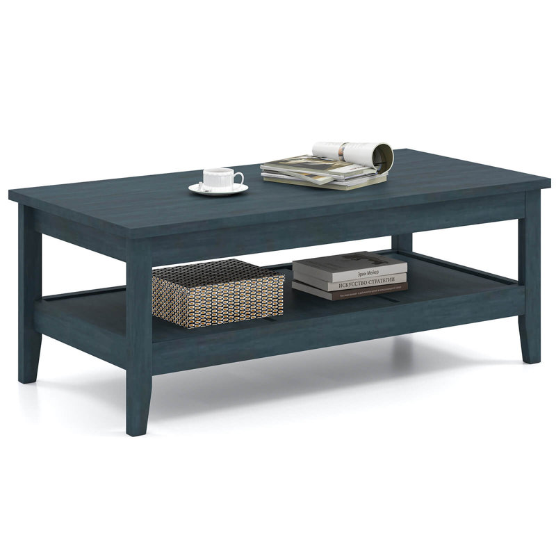 2-Tier Rectangle Center Table with Slatted Storage Shelf & Thickened Tabletop Charcoal, Charcoal Blue