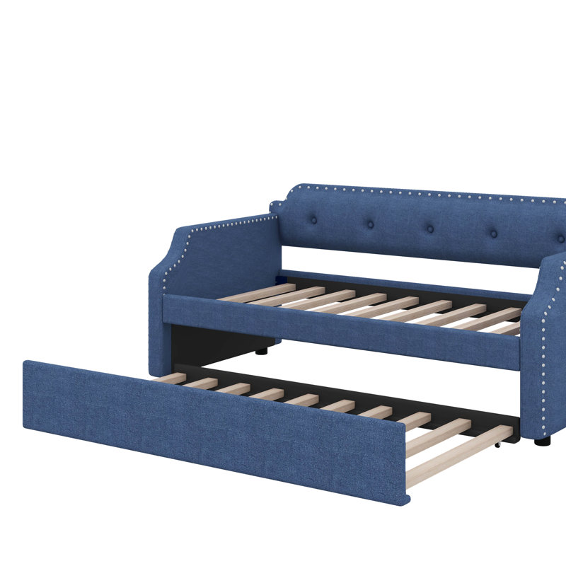 Twin Size Upholstered Daybed With Trundle, Blue