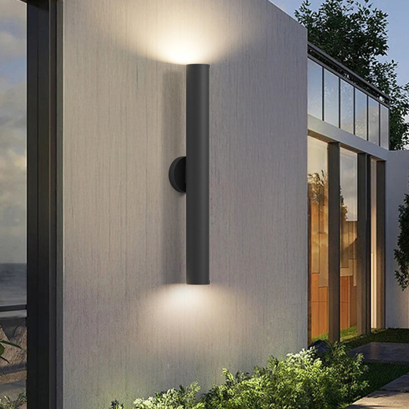 Black 28"H Aluminum Integrated LED Cylinder Up Down Outdoor Wall Sconce, 28" H x 3" W x 4.5" D