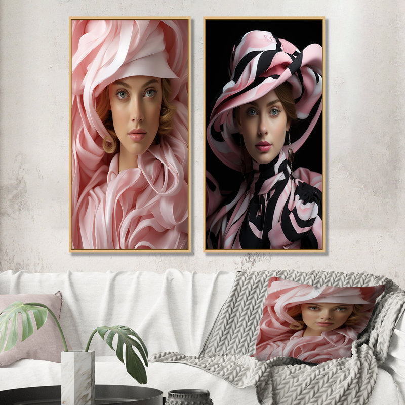 Femme chic avec chapeau - ensemble de salon mode et art mural, Encadrement brun, H 28 po x l 25 po