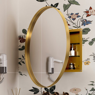 31.5 Inch Surface Mount Round Metal Framed Medicine Cabinet With Mirror And Adjustable Shelves Wall Mirror With Storage For Bathroom