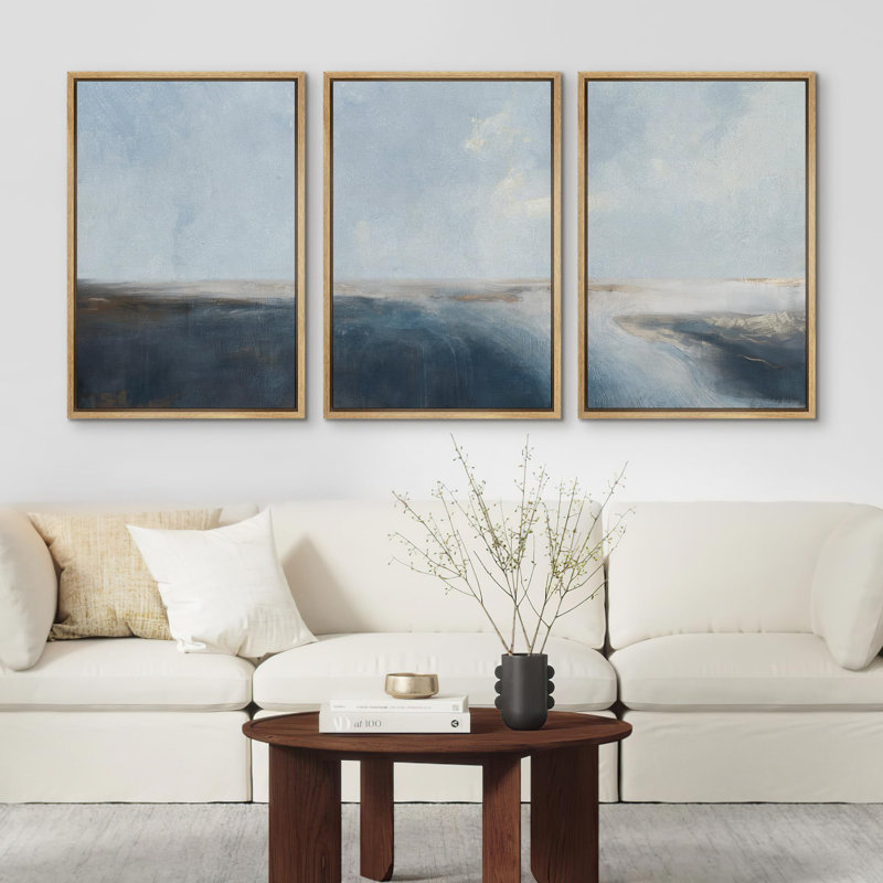 "Contemporain bleu et beige, paysage abstrait, illustrations, art moderne, salon", 3 pièces, H 24 po x l 16 po, Naturel