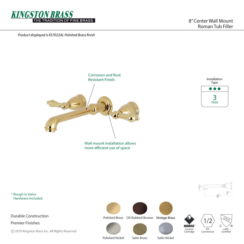 Brushed Brass Dual Handle Wall Mount Roman Tub Faucet