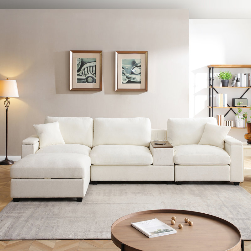 Comfy Cloud Couch: canapé modulaire en forme de L de 120,3 po avec rangement, plateau rotatif à 360 degrés, porte-gobelets et hublots 5 places, siège moelleux, style moderne, compartiments d'accoudoirs en lin beige, grande douceur,