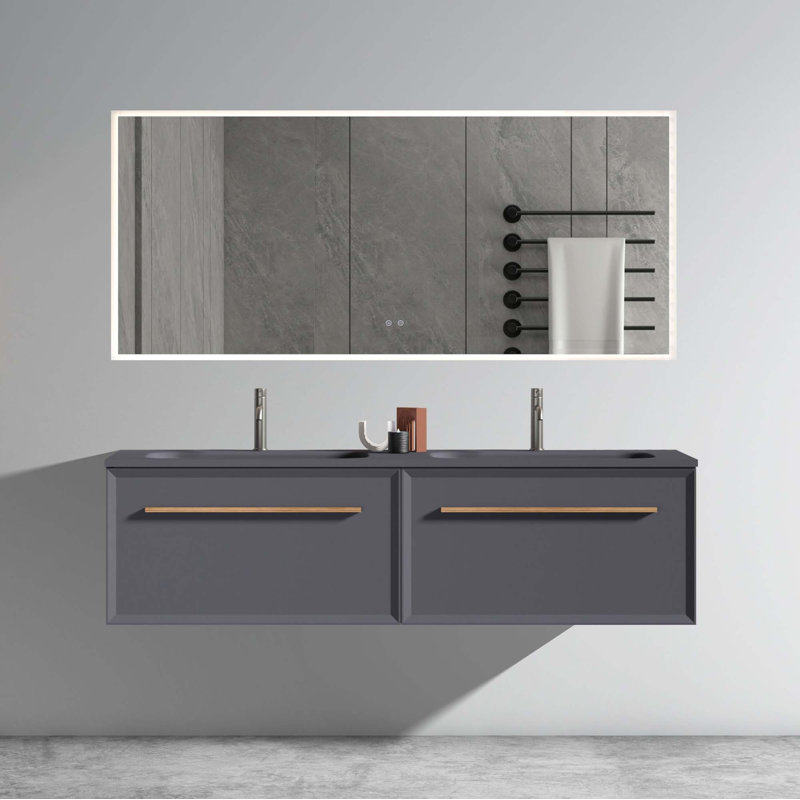 Meuble-lavabo mural moderne avec tiroir à lumière DEL automatique et lavabo intégré, Gris, Gris