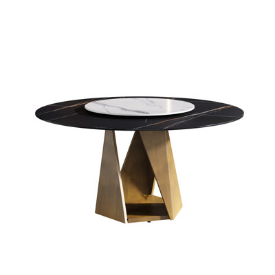 57.31" Round Table With Stable Metal Base & Fire Top, 6-8 Seater, 31.5" Turntable Marble Iron Base, Seating, Rotatable Disk, Easy To Clean