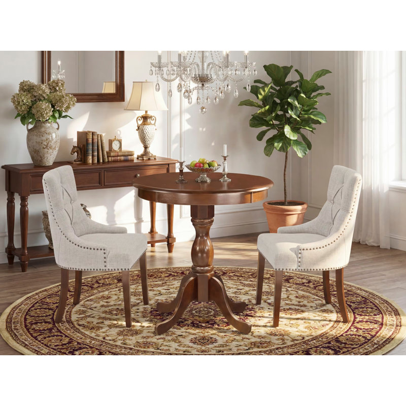 3 Piece Dinette Set for Small Spaces Contains a Round Dining Table with Pedestal and 2 Doeskin Linen Fabric Parsons Dining Chairs, Mahogany