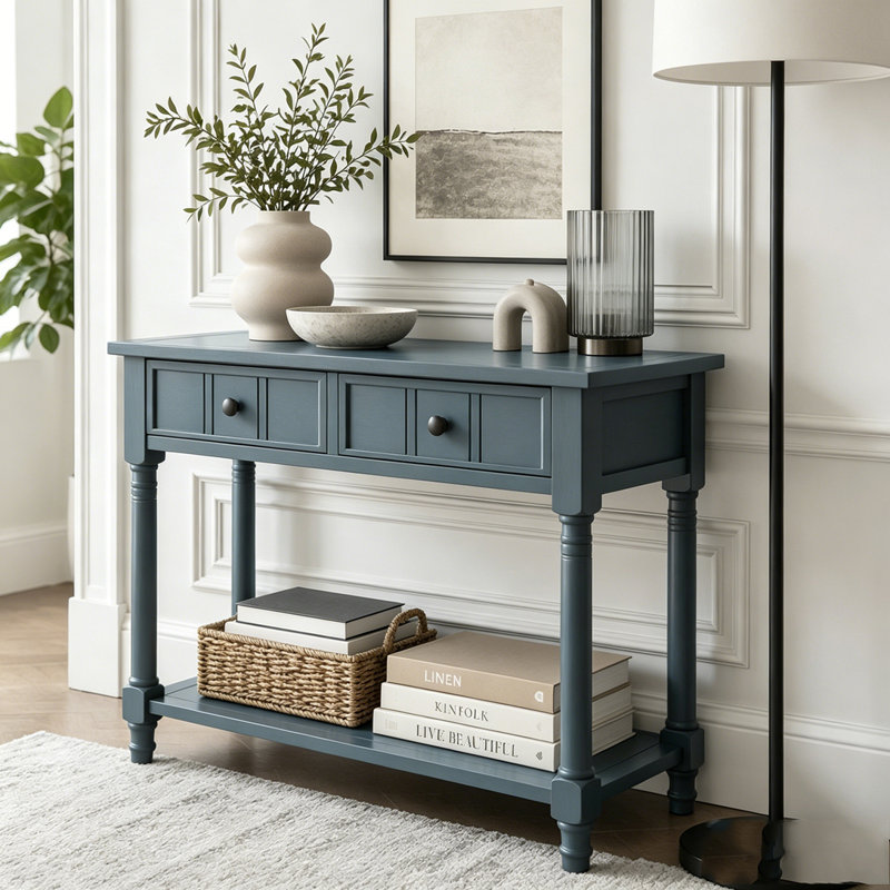 Console Traditional avec deux tiroirs et tablette inférieure, Navy