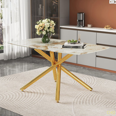 Table de salle à manger en verre trempé à motif de marbre 63 po x 35,4 po pour 4 à 6 personnes