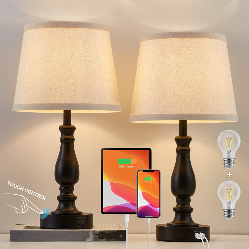 Lampe de table USB en métal Jerryn, Noir mat, Blanc