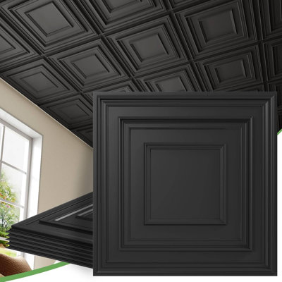 Carreaux de plafond noirs 24 PCS 24 x 24 pouces LooYee, panneaux de plafond décoratifs 3D en PVC 2 pi x 2 pi, plastique lavable imperméable, idéal pour le salon, le garage, le sous-sol, la chambre à coucher, 96 pieds carrés