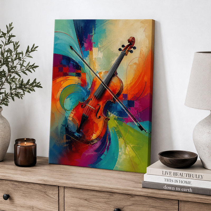 Œuvre d'art violon colorée et colorée, images de salle de musique, impression sur toile encadrée, 24" H x 16" W x 1.5" D