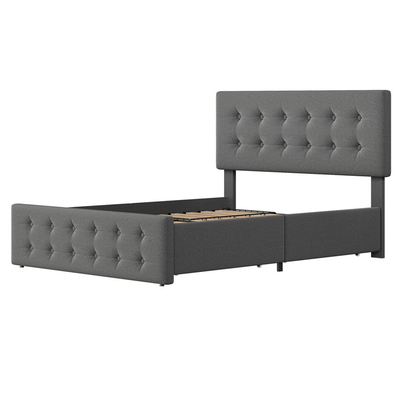 Base de lit tapissier grand format en similicuir avec tête de lit capitonnée à boutons, 4 tiroirs de rangement roulants, support à lattes en bois, aucun sommier nécessaire, gris foncé