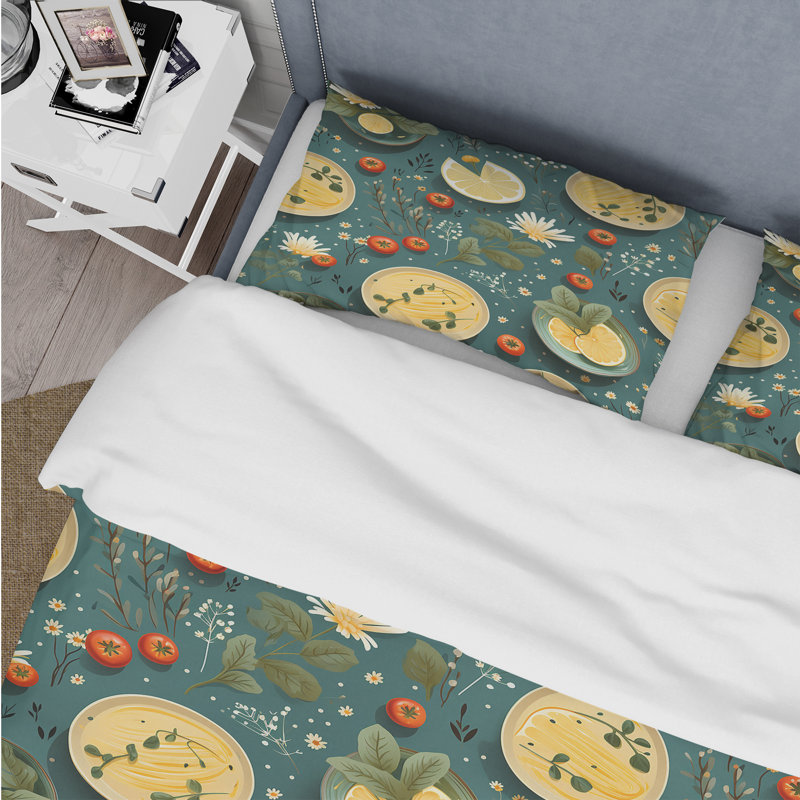Ensemble de housse de couette botanique vert et jaune, Housse de couette simple + 1 taie décorative stan