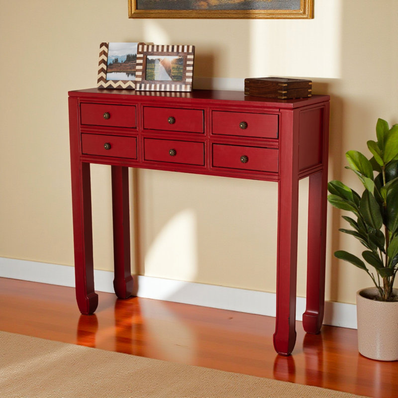 Console à 6 tiroirs Illustra en rouge avec accents au fini bronze, H 33,35 po x l 35,17 po x P 11,67 po