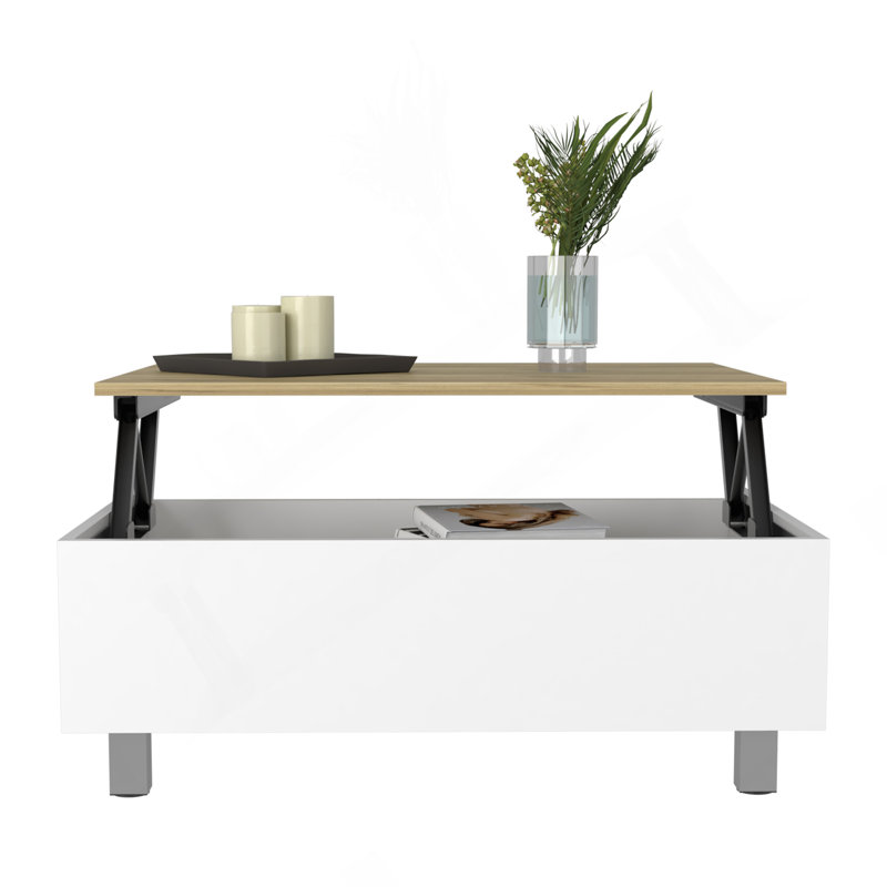 Table basse à plateau relevable Gambia, quatre pieds - blanc / chêne clair
