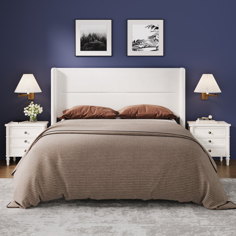 Structure de lit double avec tête de lit à oreilles, structure de lit tapissier en velours avec support de lattes en bois robuste, aucun sommier requis, assemblage facile, blanc