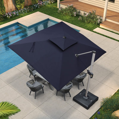 9' X11' Outdoor Double Top Rectangular Deluxe Lighted Cantilever Umbrella With Base,Navy