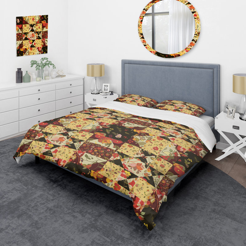 Yellow Flower Patchwork - Abstract Duvet Cover Set - Microfiber Polyester, King Duvet Cover + 2 King Shams