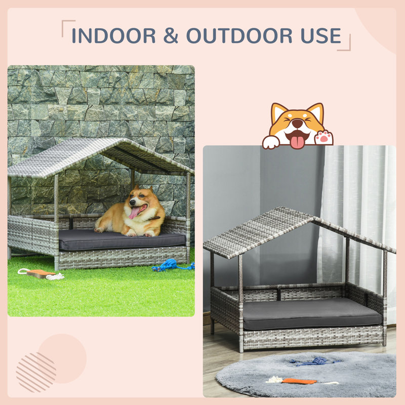 Niche pour chien en osier d'extérieur avec auvent, Blanc / Gris