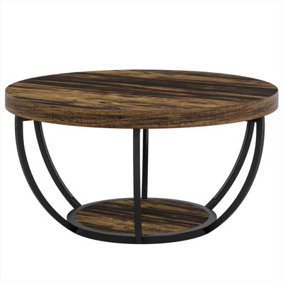 Engineered Wood and Steel Round Coffee Table, 2-Tier Cocktail Table for Living Room or Office, Modern Style