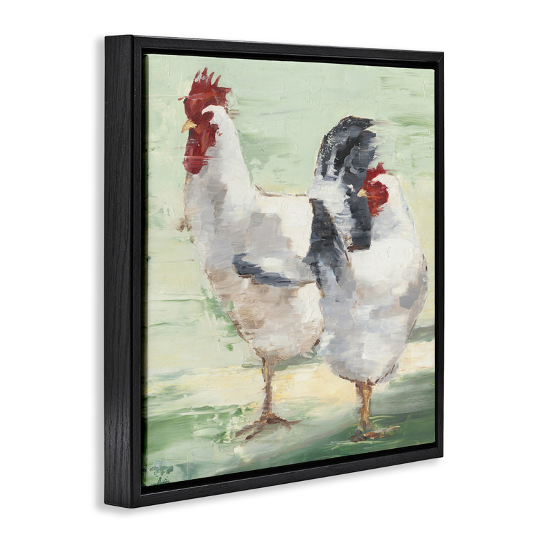 «Farmhouse Chickens Hens», peinture, H 18 po x l 18 po, Cadre flottant noir de jais