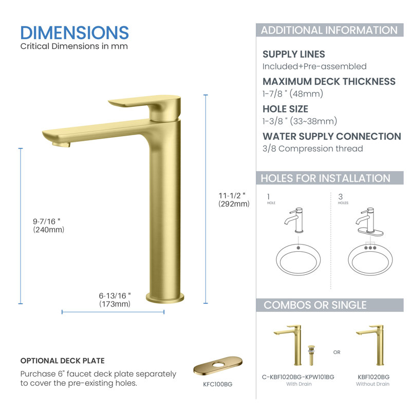 Tender Single-handle Bathroom Faucet with Drain Assembly, Brushed Gold