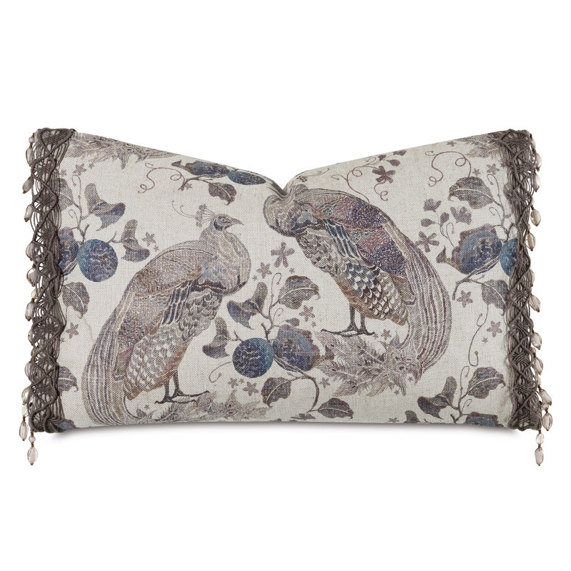 Elegant Beige and Blue Linen Decorative Pillow with Bird Print