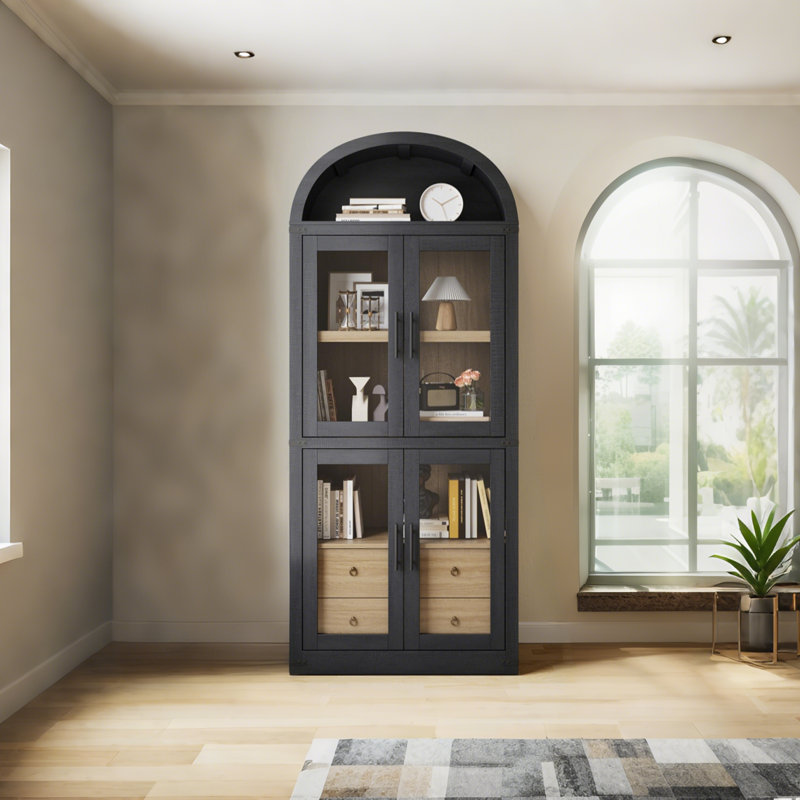 Bibliothèque arquée avec portes et tiroirs, vitrine campagnarde haute 71,65 po, Noir