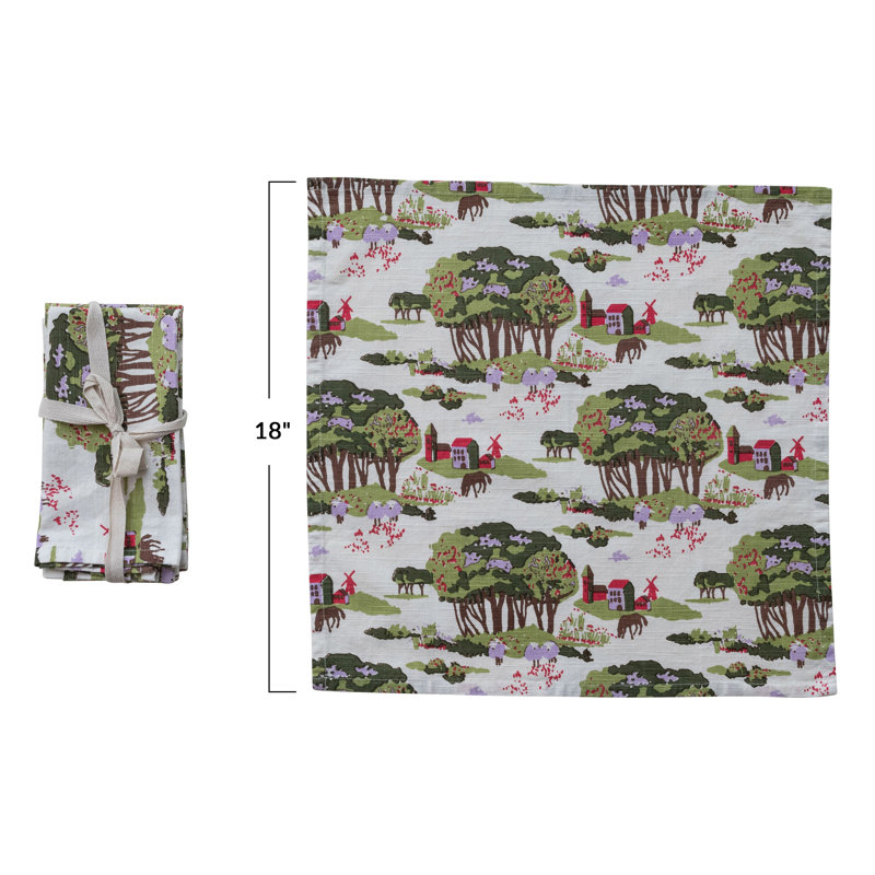 Multicolore 4 serviettes de table en coton avec ferme, arbres et animaux