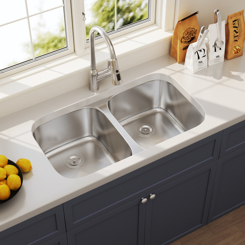 Blenzia 32 Inch Undermount 50/50 Double Bowl 18 Gauge 304 Stainless Steel Kitchen Sink 32" x 18" x 9"