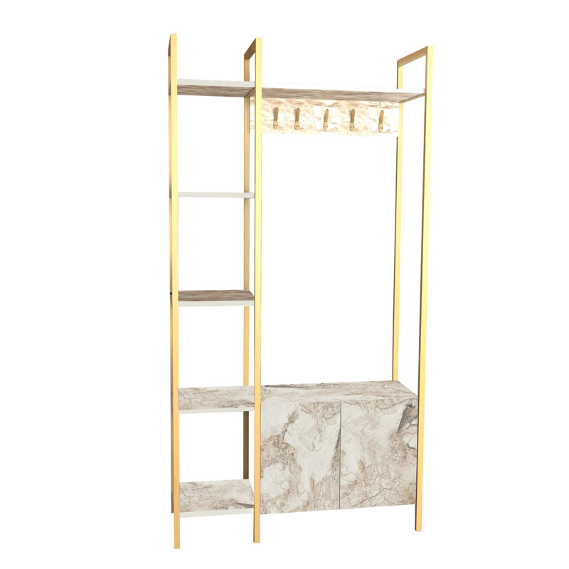 Modern Hall Stand with White and Gold Finish, 35.4 x 13.8 x 68.9 inches | 100% Melamine Coated Particle Board, Thickness: 0.7 inches | Elegant Design for Entryways, Stylish and Functional Storage Solution