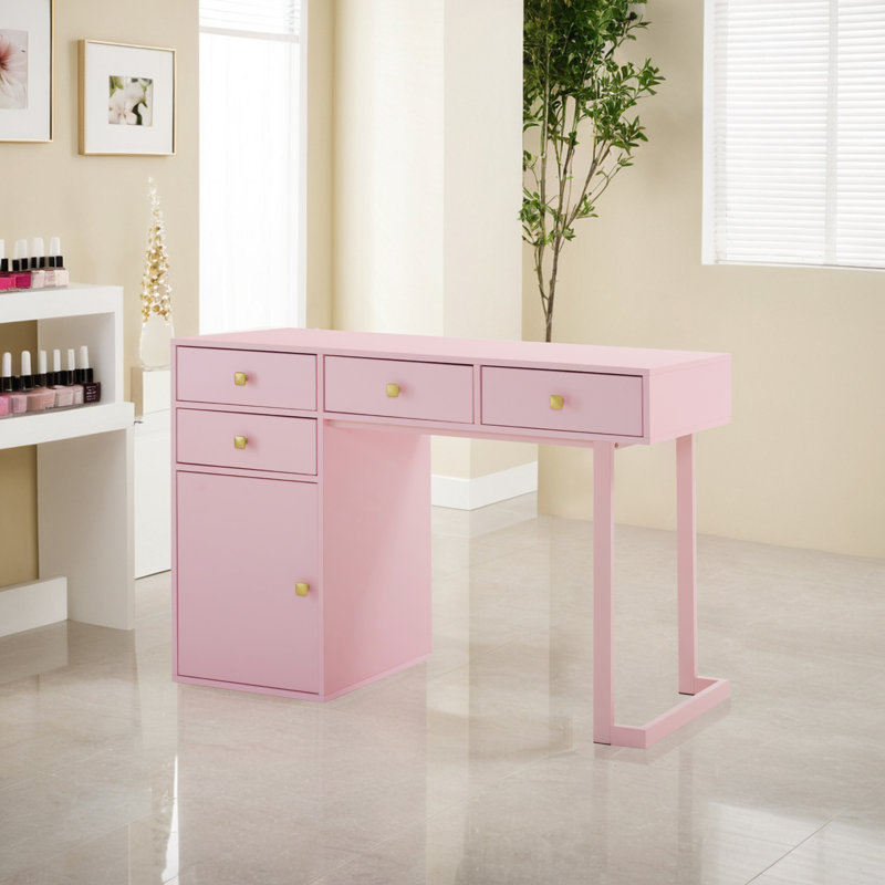 Arbadella Vanity Makeup Desk, Rectangle Accent Manicure Table with Cabinet, Pink