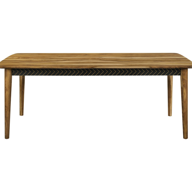 Table de salle à manger Mid-Century en bois massif avec tablier géométrique noir et finition naturelle, table en bois, tablier distinctif, pieds fuselés