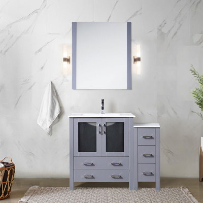 42 po W Meuble-lavabo simple gris foncé pour salle de bain, armoire latérale, comptoir en céramique blanche, robinet, fermeture en douceur, une armoire intérieure et cinq tiroirs, beaucoup d'espace de rangement, surface antitache, baignoire