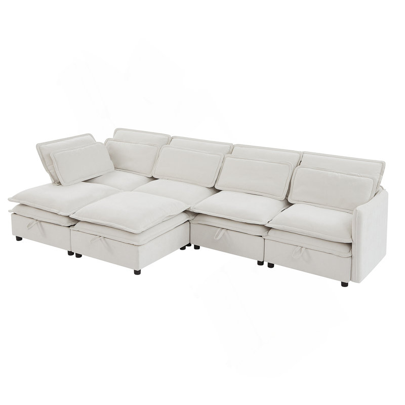 Double-Layer Cushion Modern Large U-Shaped Modular Sofa, Freely Combinable 6-Seater with Storage Function, Beige Polyester
