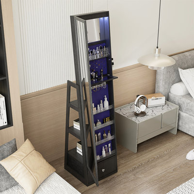 Armoire à bijoux pivotante à 360 ° avec miroir pleine longueur, armoire de rangement pour bijoux à 360 °, armoire de rangement verrouillable, miroir intérieur éclairé et tiroirs de rangement